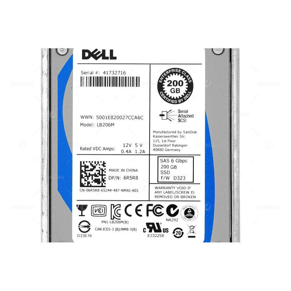 6R5R8 HARD DRIVE DELL 200GB 2.5'' SAS 6GB/S 5490903970B-143040321X, 41732716
